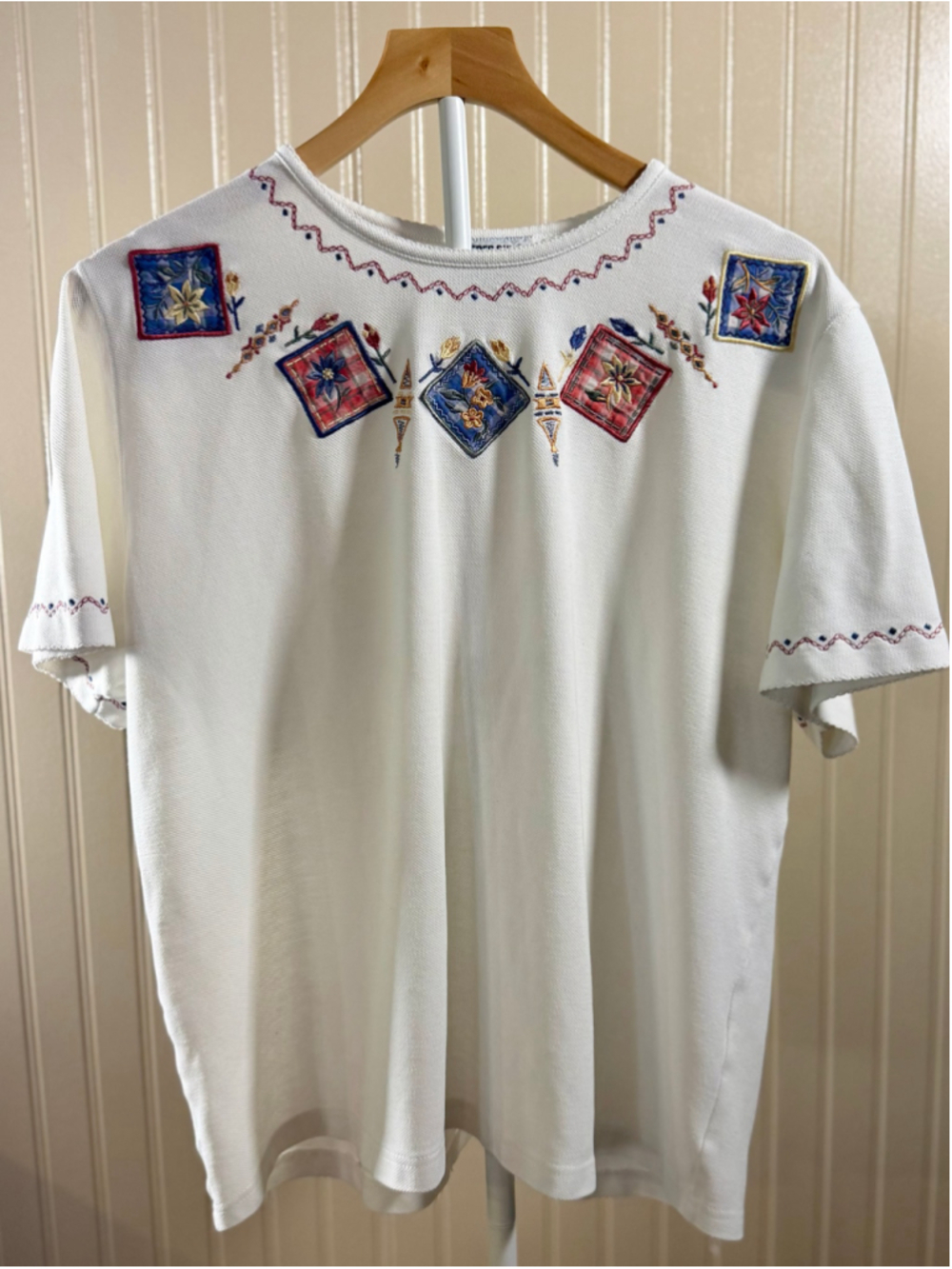 Vintage Alfred Dunner Embroidered Floral Patchwork Short Sleeve Top White Large